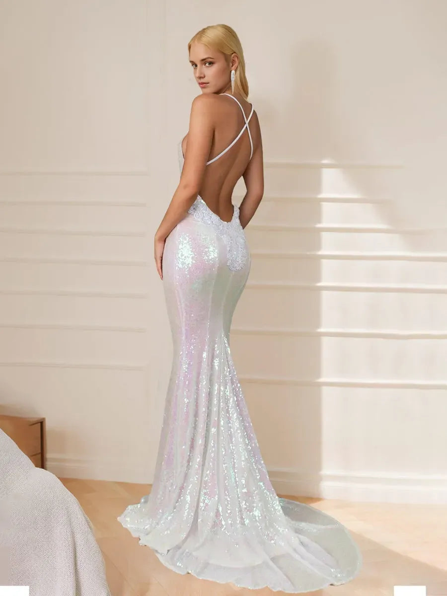 Mermaid Spaghetti Straps Sequined Prom Dresses with Opened Back