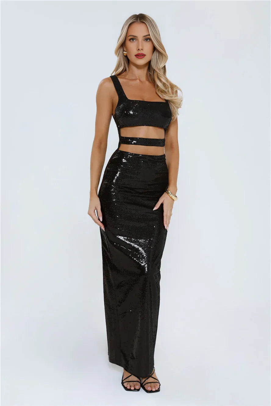 Mermaid Square Neck Cutout Sequin Black Maxi Prom Dress With Back Slit