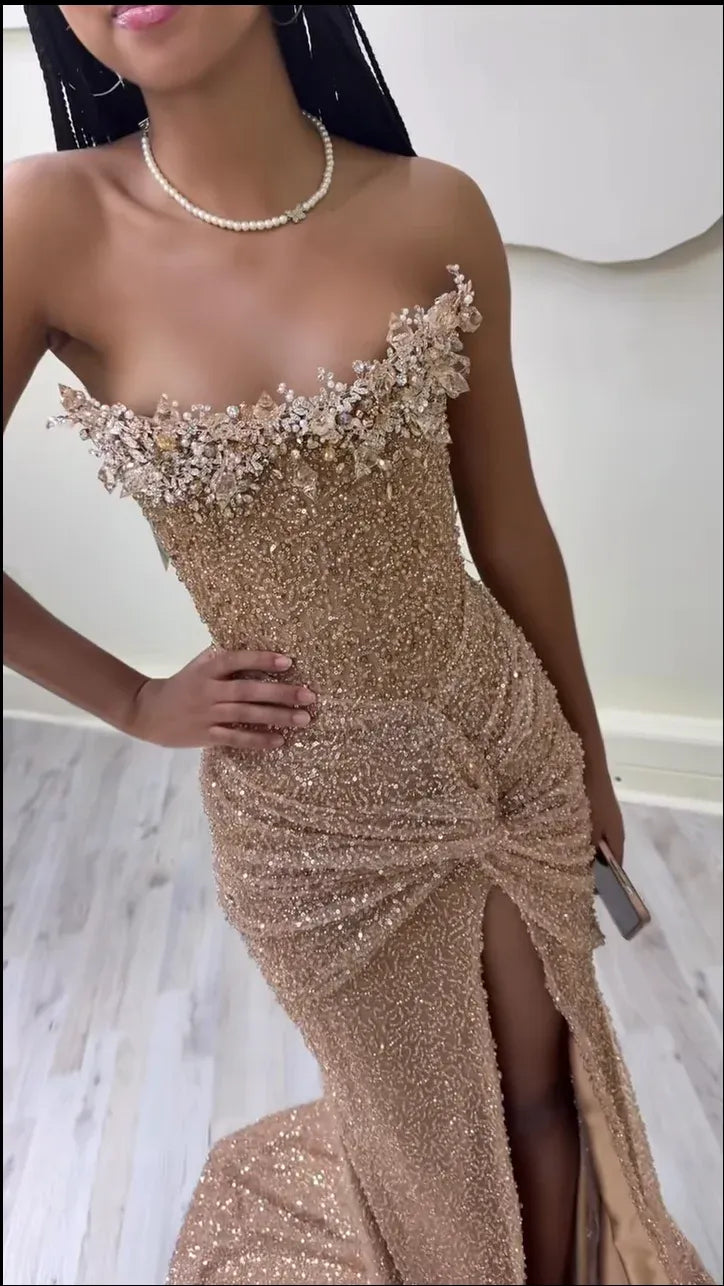 Mermaid Strapless Beaded Sequin Champagne Prom Dress With Train