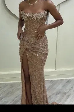 Mermaid Strapless Beaded Sequin Champagne Prom Dress With Train