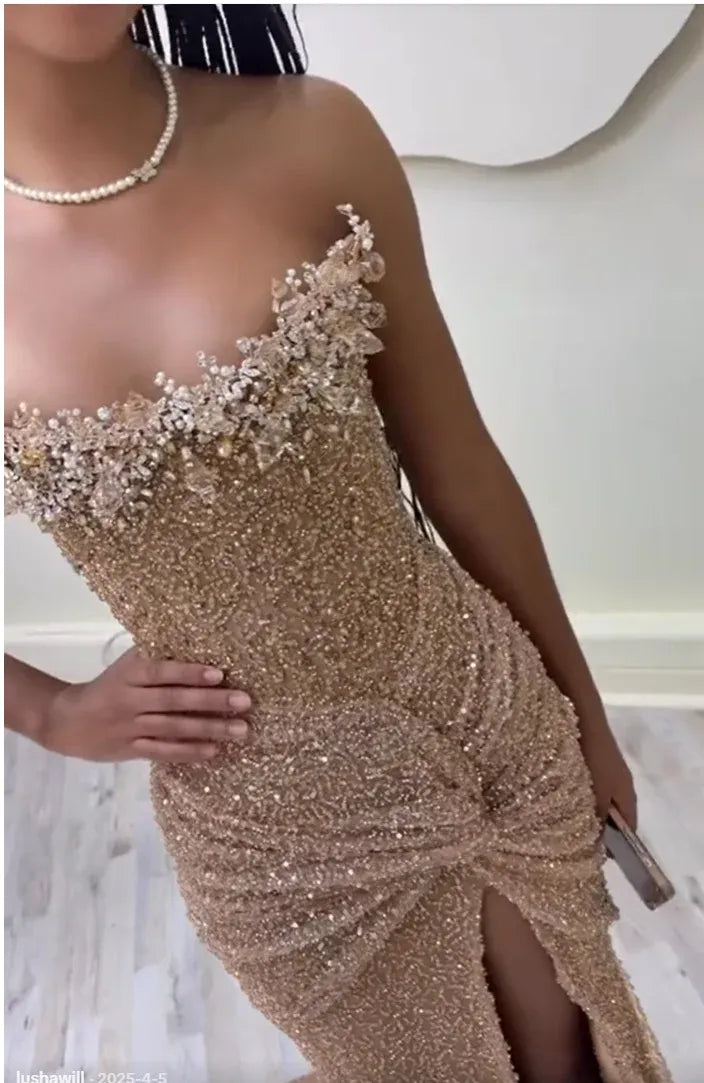 Mermaid Strapless Beaded Sequin Champagne Prom Dress With Train