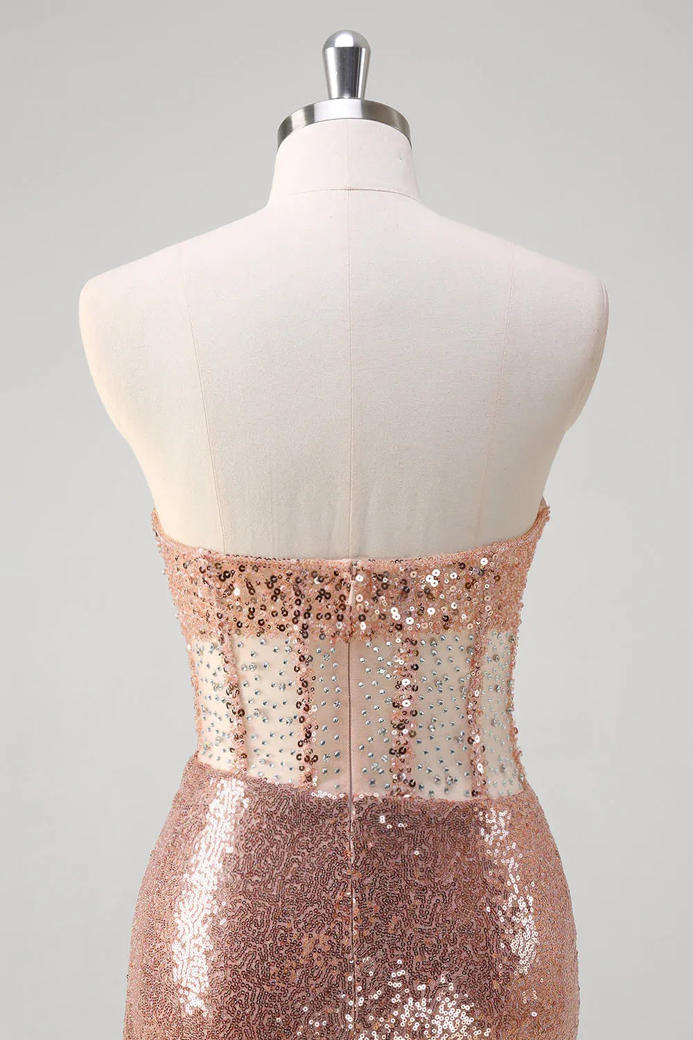 Mermaid Strapless Corset Ruched Beaded Sequin Rose Gold Long Prom Dress