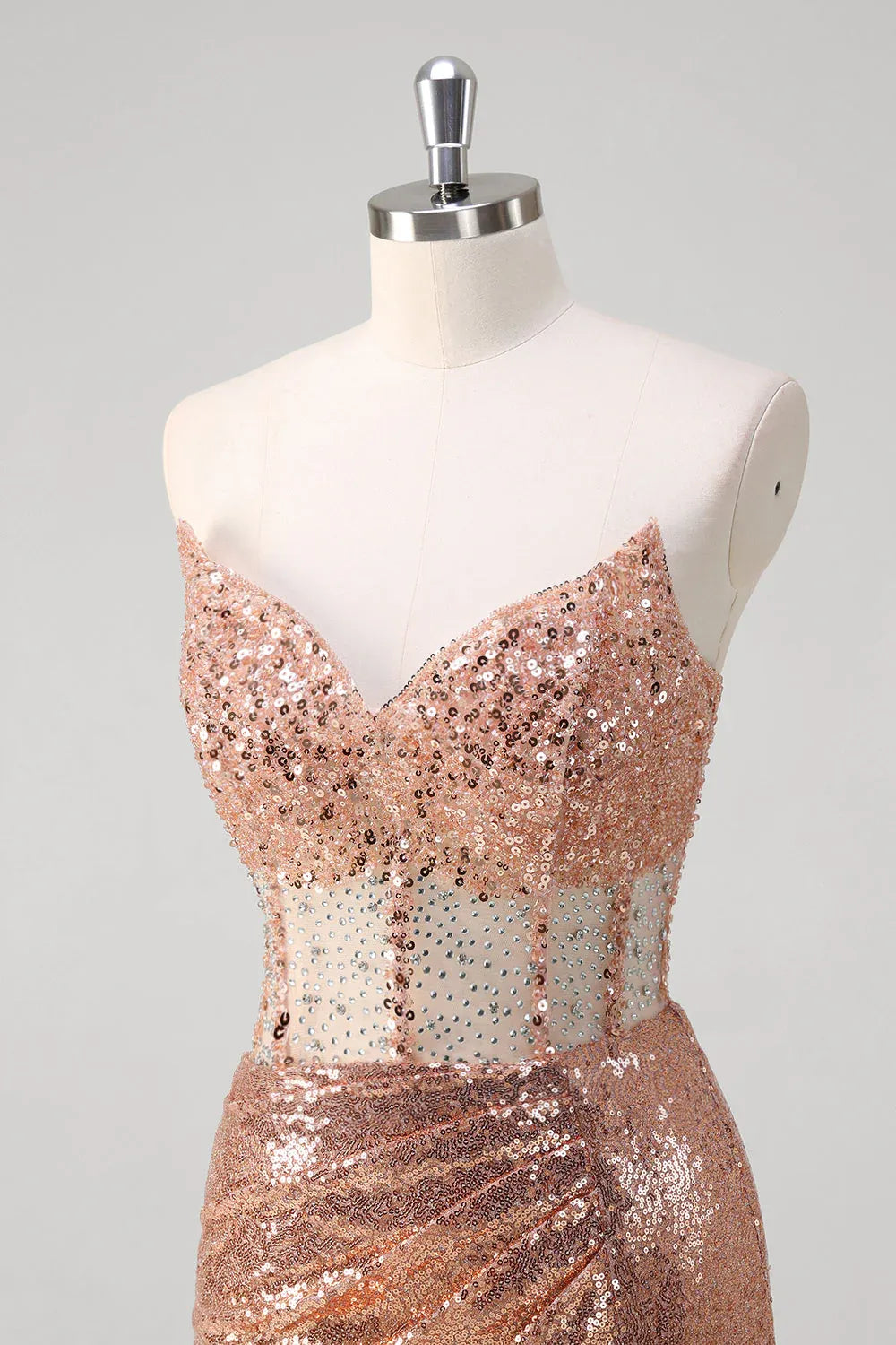 Mermaid Strapless Corset Ruched Beaded Sequin Rose Gold Long Prom Dress