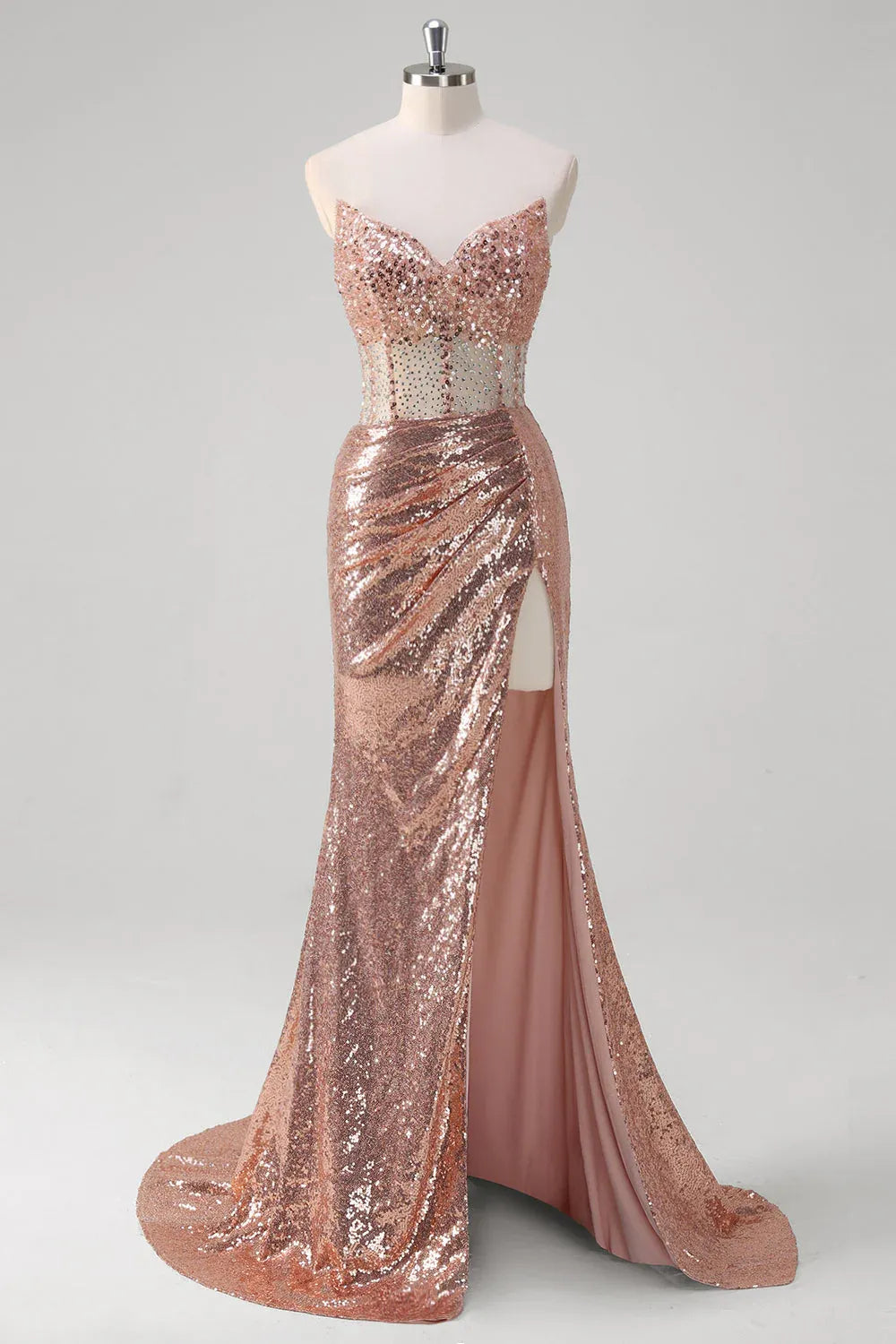 Mermaid Strapless Corset Ruched Beaded Sequin Rose Gold Long Prom Dress