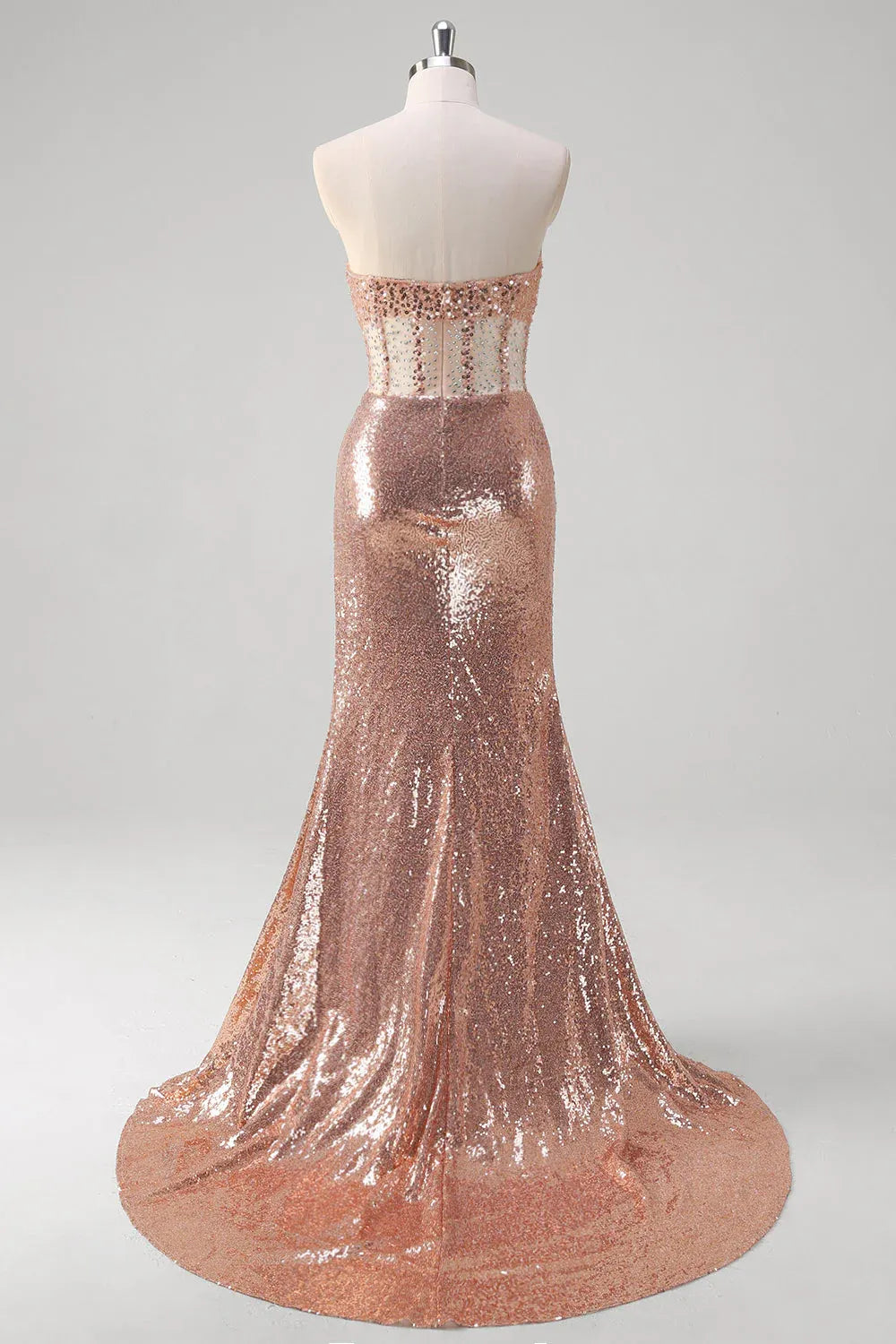Mermaid Strapless Corset Ruched Beaded Sequin Rose Gold Long Prom Dress