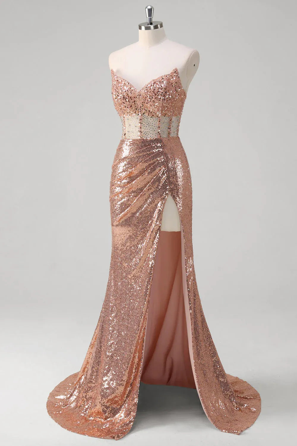 Mermaid Strapless Corset Ruched Beaded Sequin Rose Gold Long Prom Dress