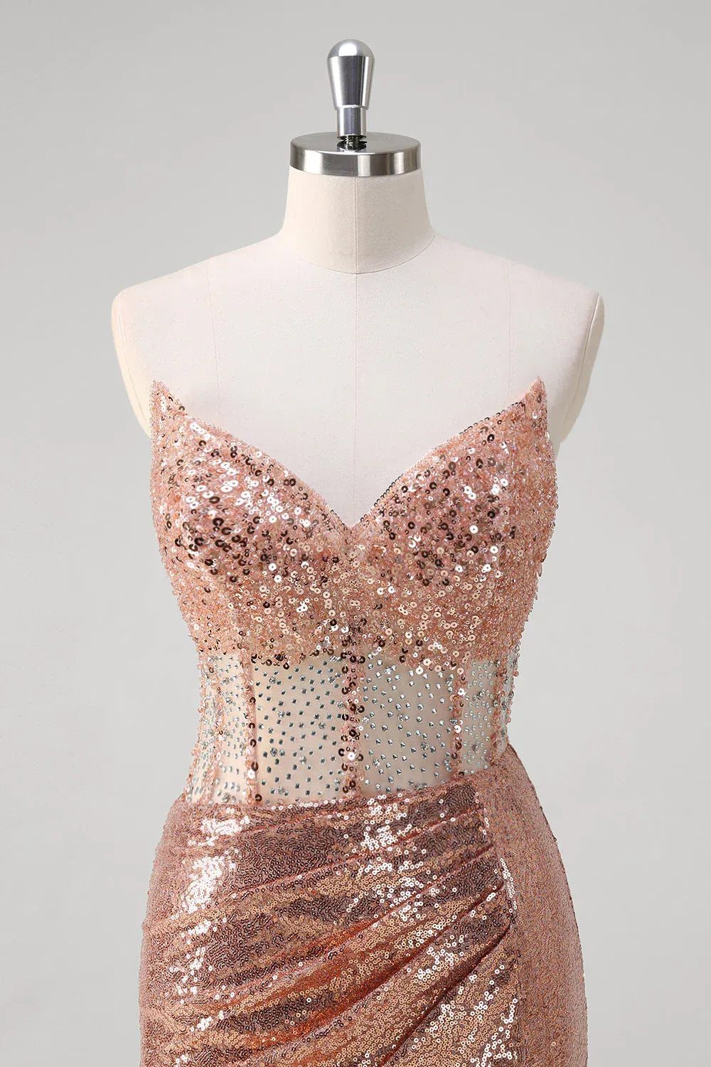 Mermaid Strapless Corset Ruched Beaded Sequin Rose Gold Long Prom Dress