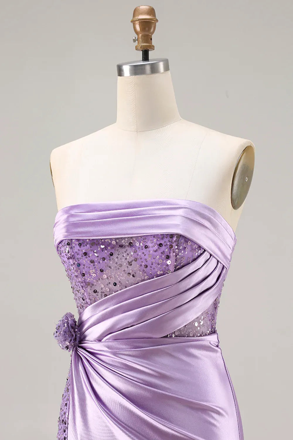 Mermaid Strapless Corset Ruched Sequin Lavender Prom Dress With Slit