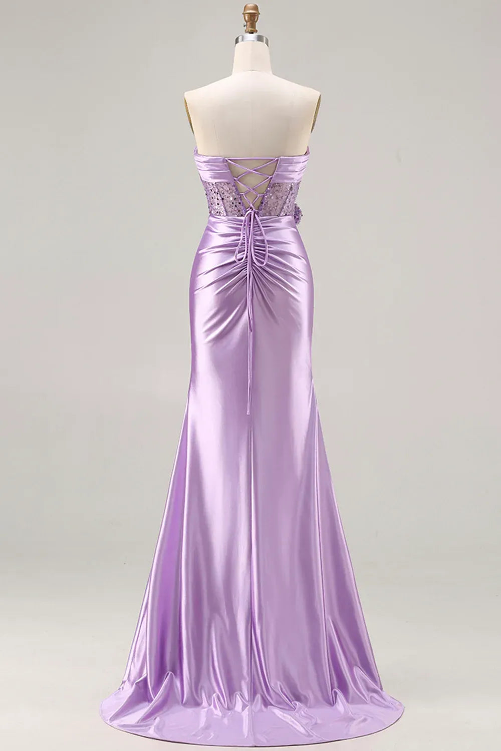 Mermaid Strapless Corset Ruched Sequin Lavender Prom Dress With Slit
