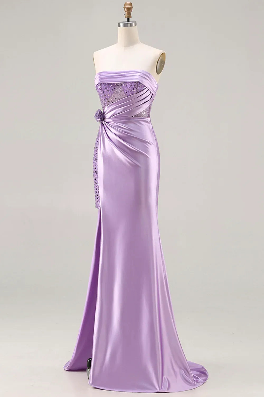 Mermaid Strapless Corset Ruched Sequin Lavender Prom Dress With Slit