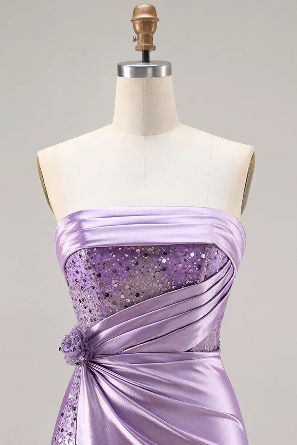 Mermaid Strapless Corset Ruched Sequin Lavender Prom Dress With Slit