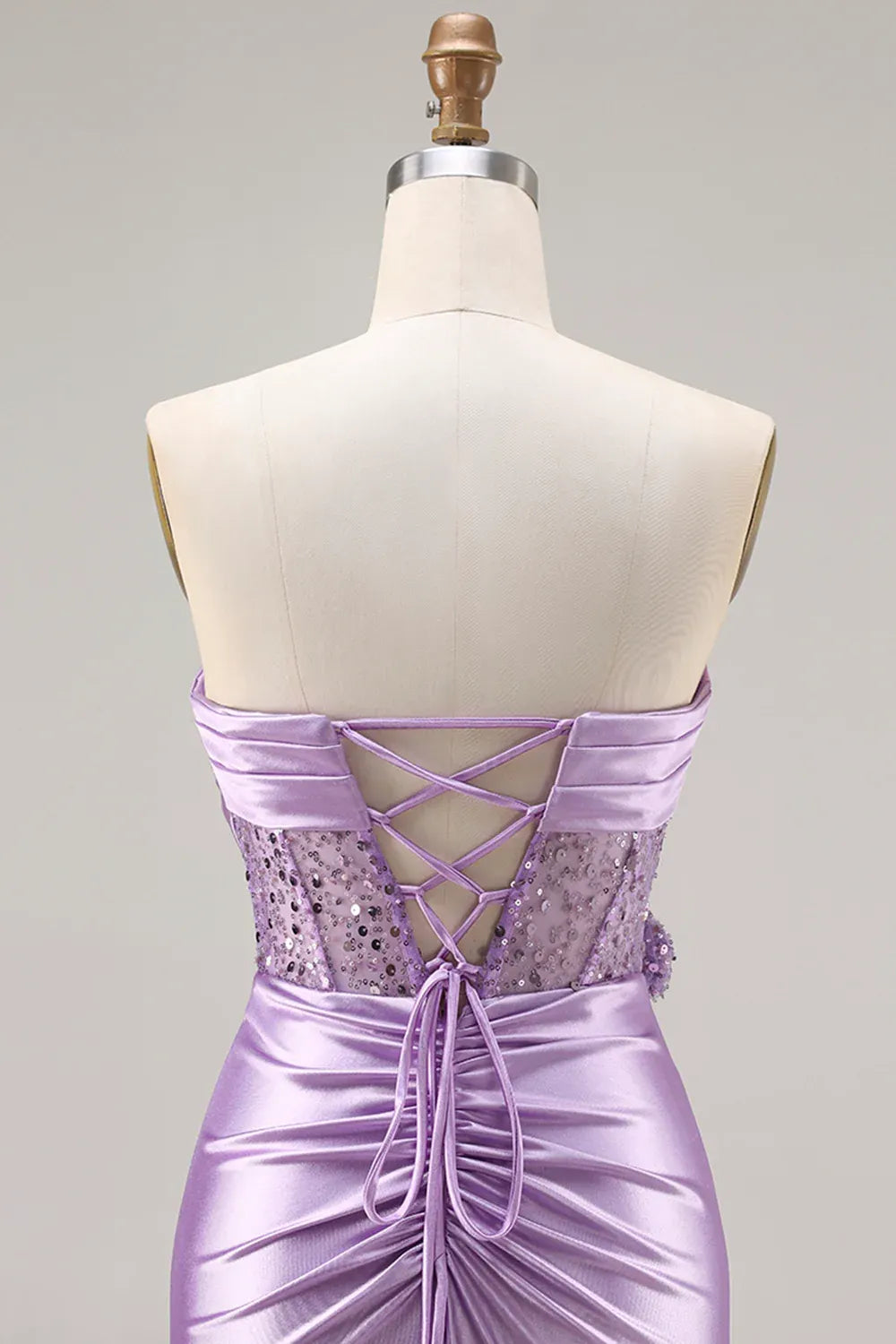 Mermaid Strapless Corset Ruched Sequin Lavender Prom Dress With Slit