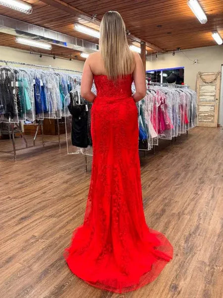 Mermaid Strapless Lace Applique Red Long Prom Dress With High Slit