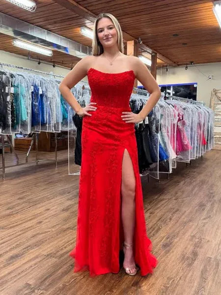 Mermaid Strapless Lace Applique Red Long Prom Dress With High Slit