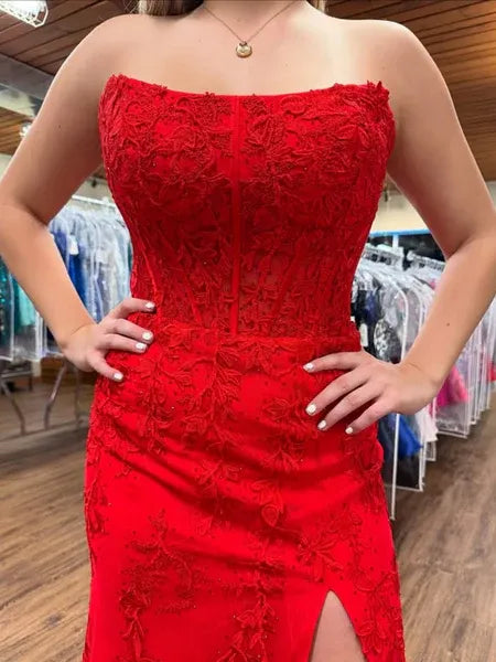 Mermaid Strapless Lace Applique Red Long Prom Dress With High Slit