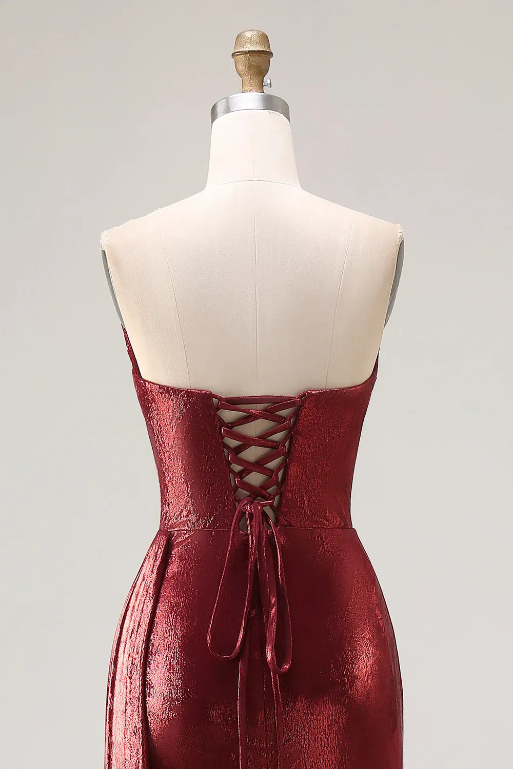 Mermaid Strapless Ruched Metallic Burgundy Long Prom Dress With Slit Custom