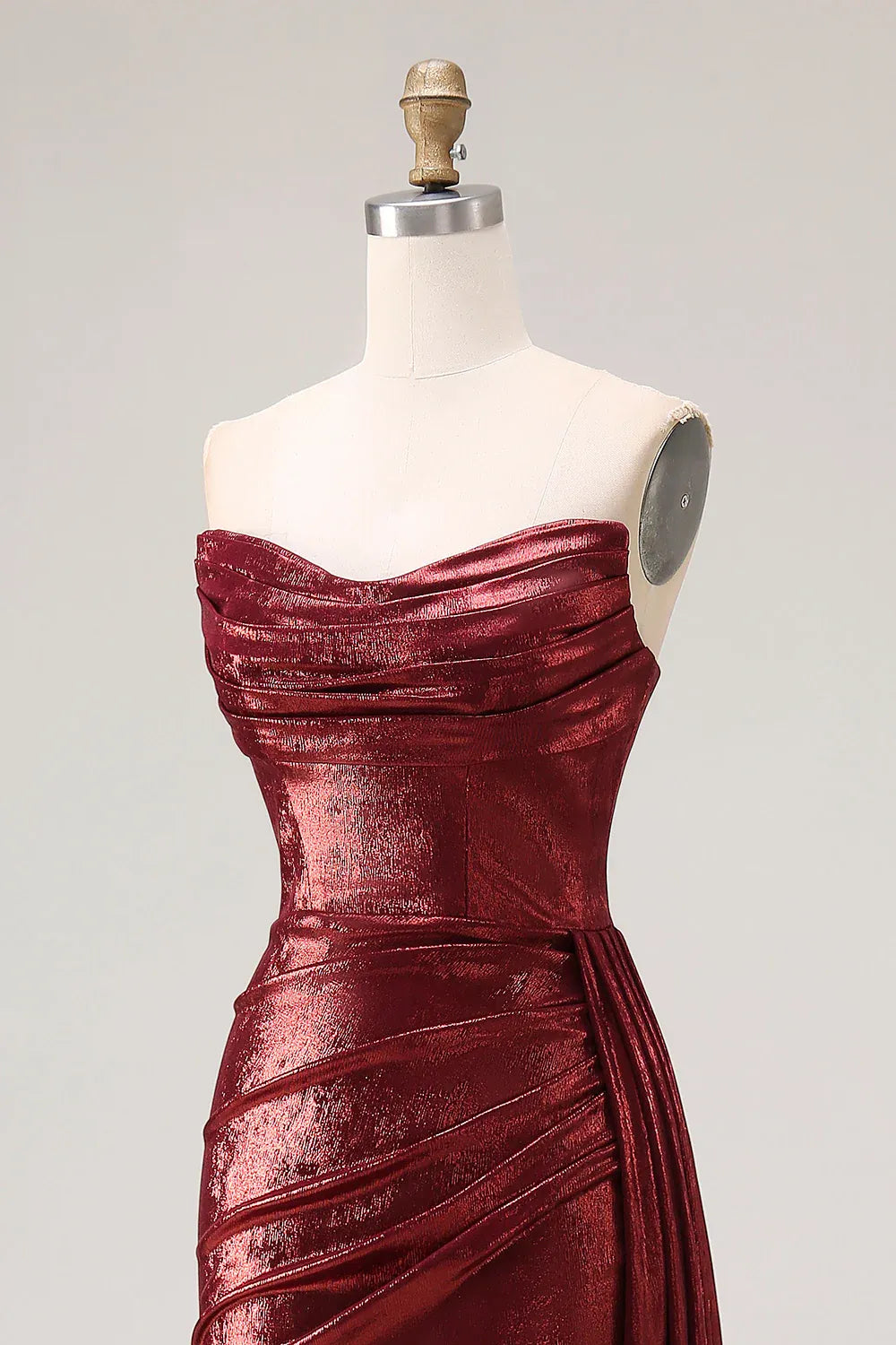 Mermaid Strapless Ruched Metallic Burgundy Long Prom Dress With Slit Custom