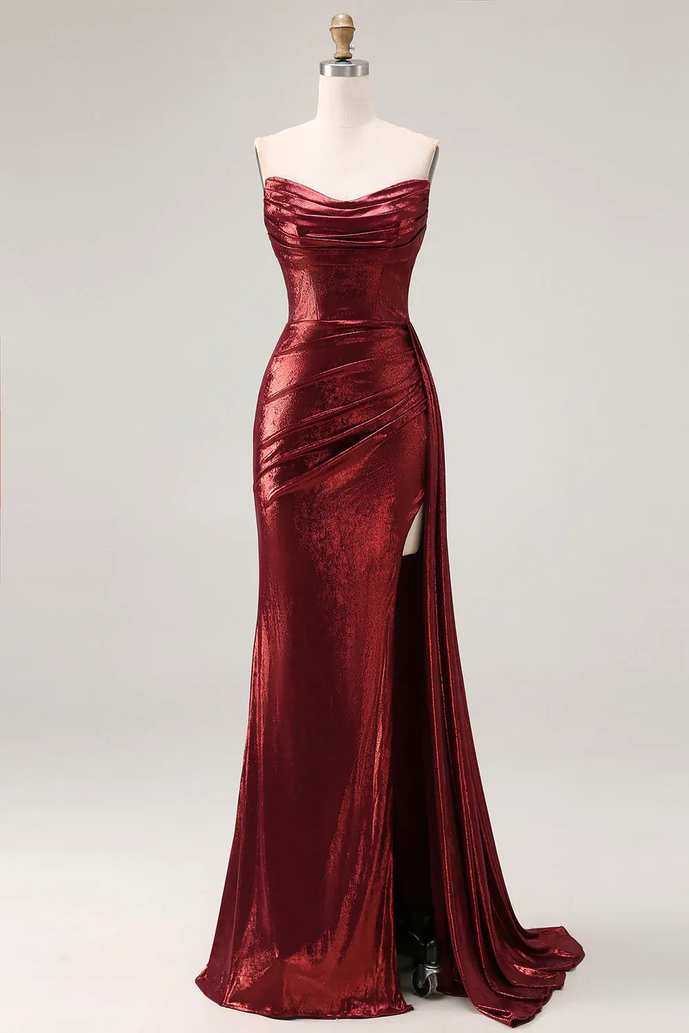 Mermaid Strapless Ruched Metallic Burgundy Long Prom Dress With Slit Custom