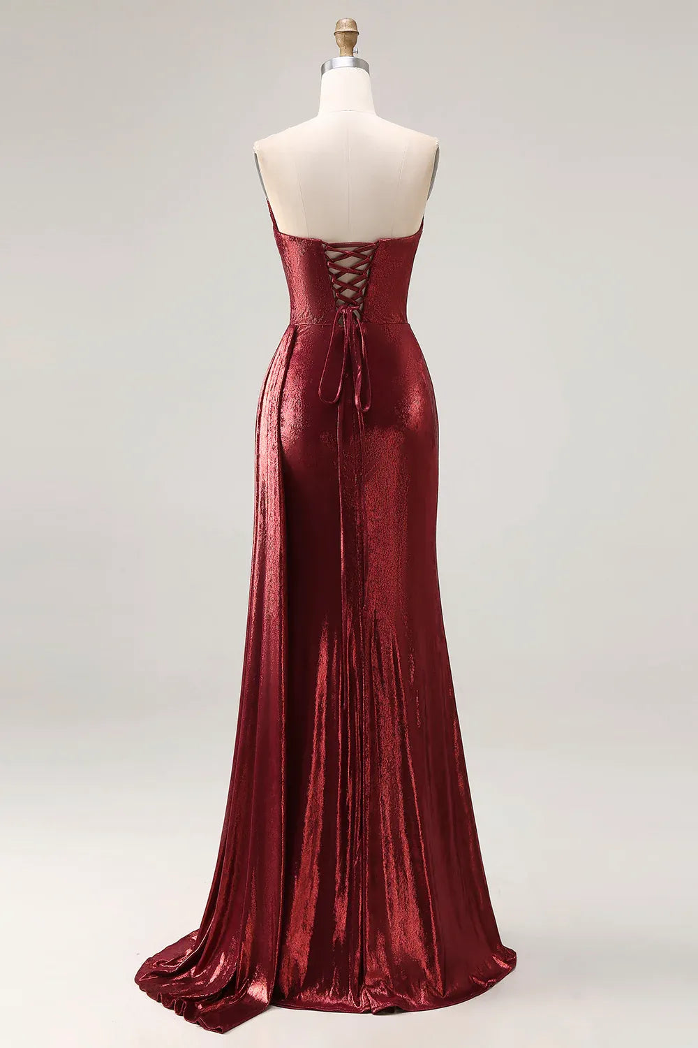 Mermaid Strapless Ruched Metallic Burgundy Long Prom Dress With Slit Custom