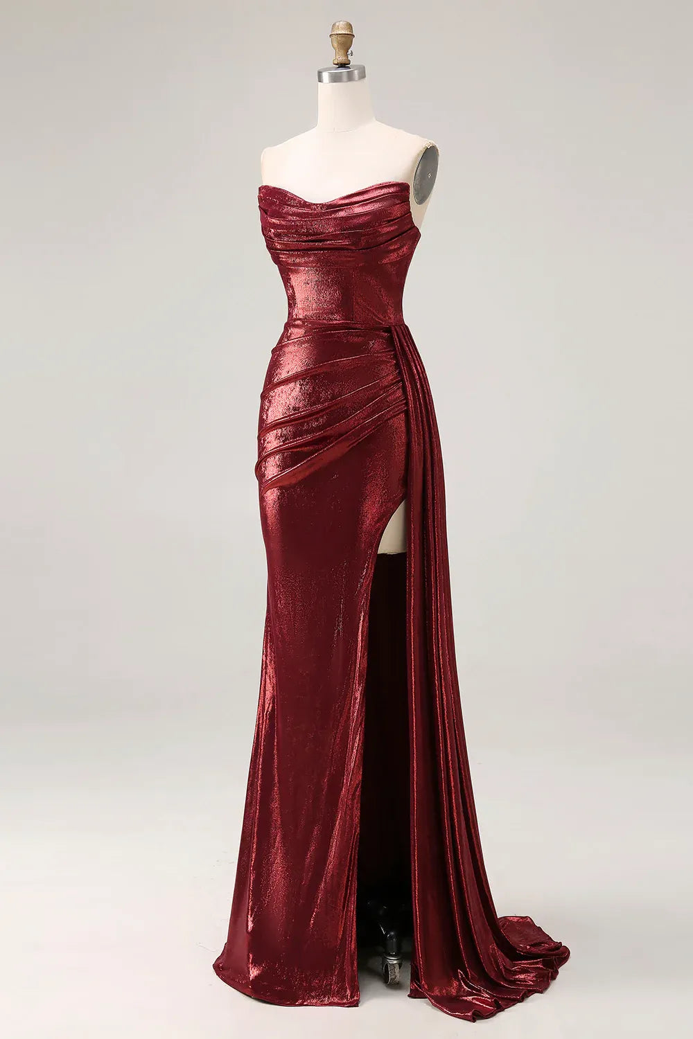 Mermaid Strapless Ruched Metallic Burgundy Long Prom Dress With Slit Custom