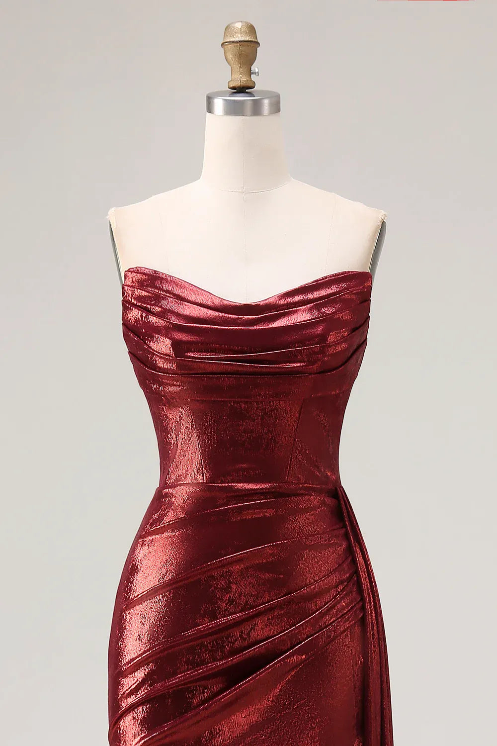 Mermaid Strapless Ruched Metallic Burgundy Long Prom Dress With Slit Custom
