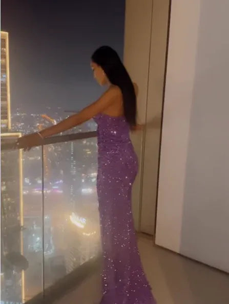 Mermaid Strapless Sequin Purple Train Evening Dress With High Slit For Sale