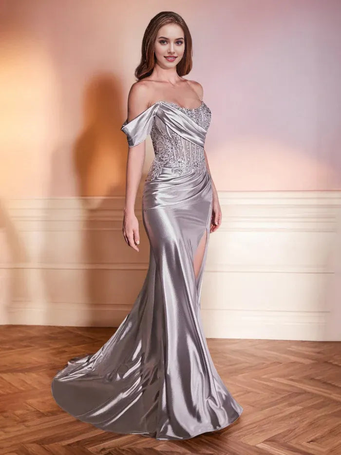 Mermaid Strapless Sequins High Splited Prom Dress With Train