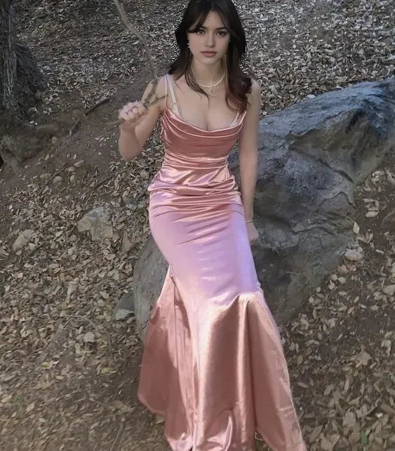 Mermaid Straps Party Dress Long Pink Prom Dress