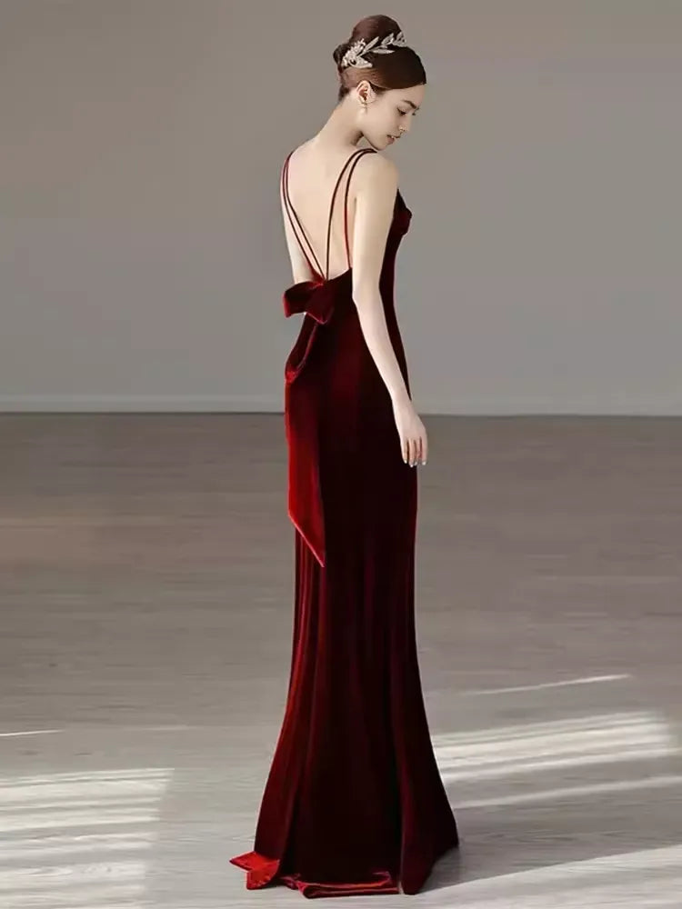 Mermaid Straps Velvet Red Party Dress Long Backless Prom Dress
