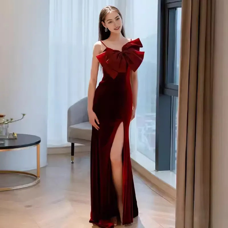 Mermaid Straps Velvet Red Party Dress Long Slit Prom Dress ﻿