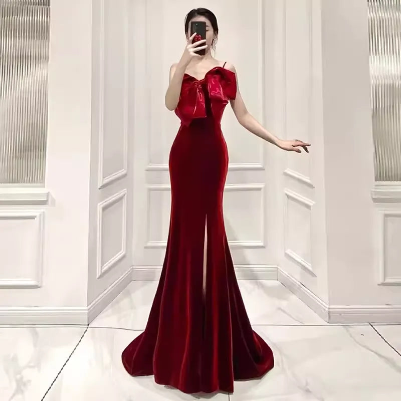 Mermaid Straps Velvet Red Party Dress Long Slit Prom Dress ﻿