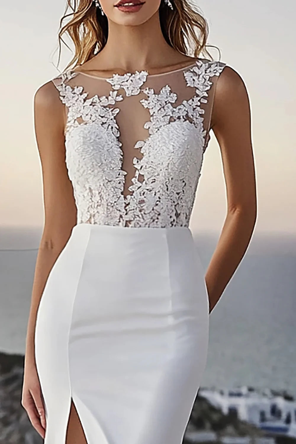 Mermaid Sweep Train Lace Wedding Dress with Slit