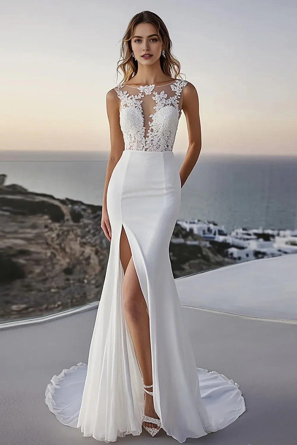 Mermaid Sweep Train Lace Wedding Dress with Slit