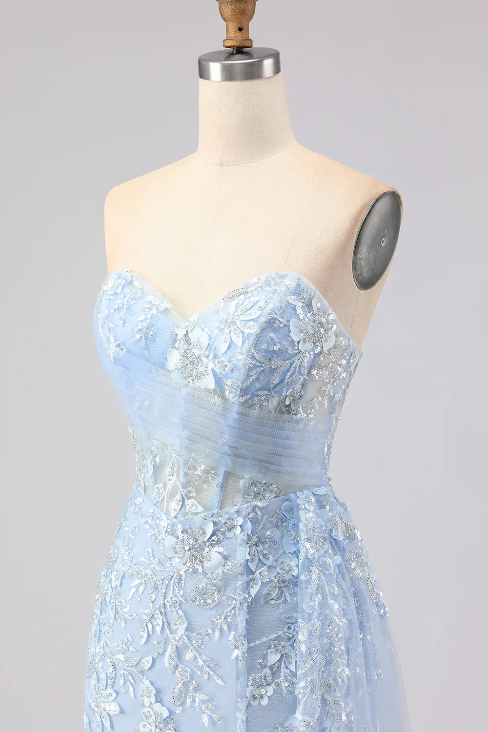 Mermaid Sweetheart Corset Beaded Sequin Sky Blue Long Prom Dress With Slit