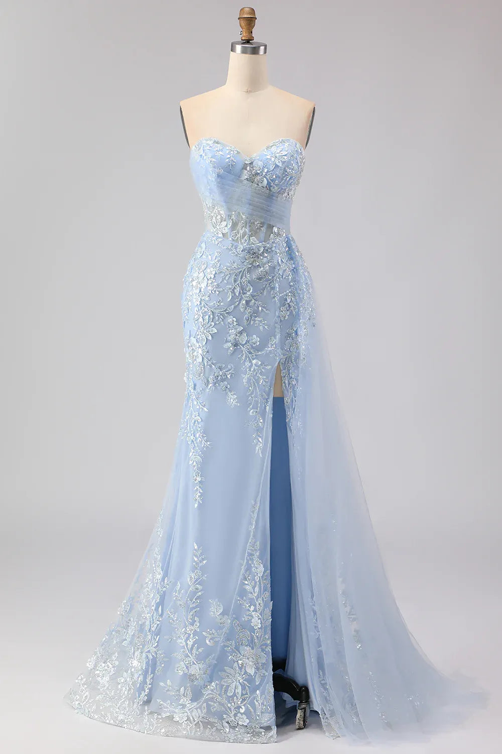 Mermaid Sweetheart Corset Beaded Sequin Sky Blue Long Prom Dress With Slit