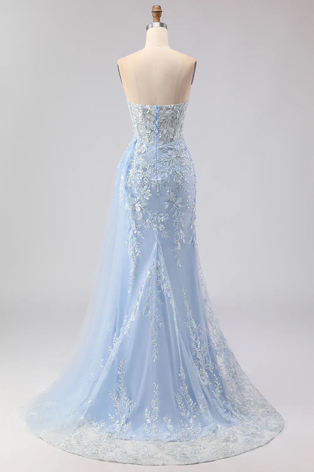 Mermaid Sweetheart Corset Beaded Sequin Sky Blue Long Prom Dress With Slit