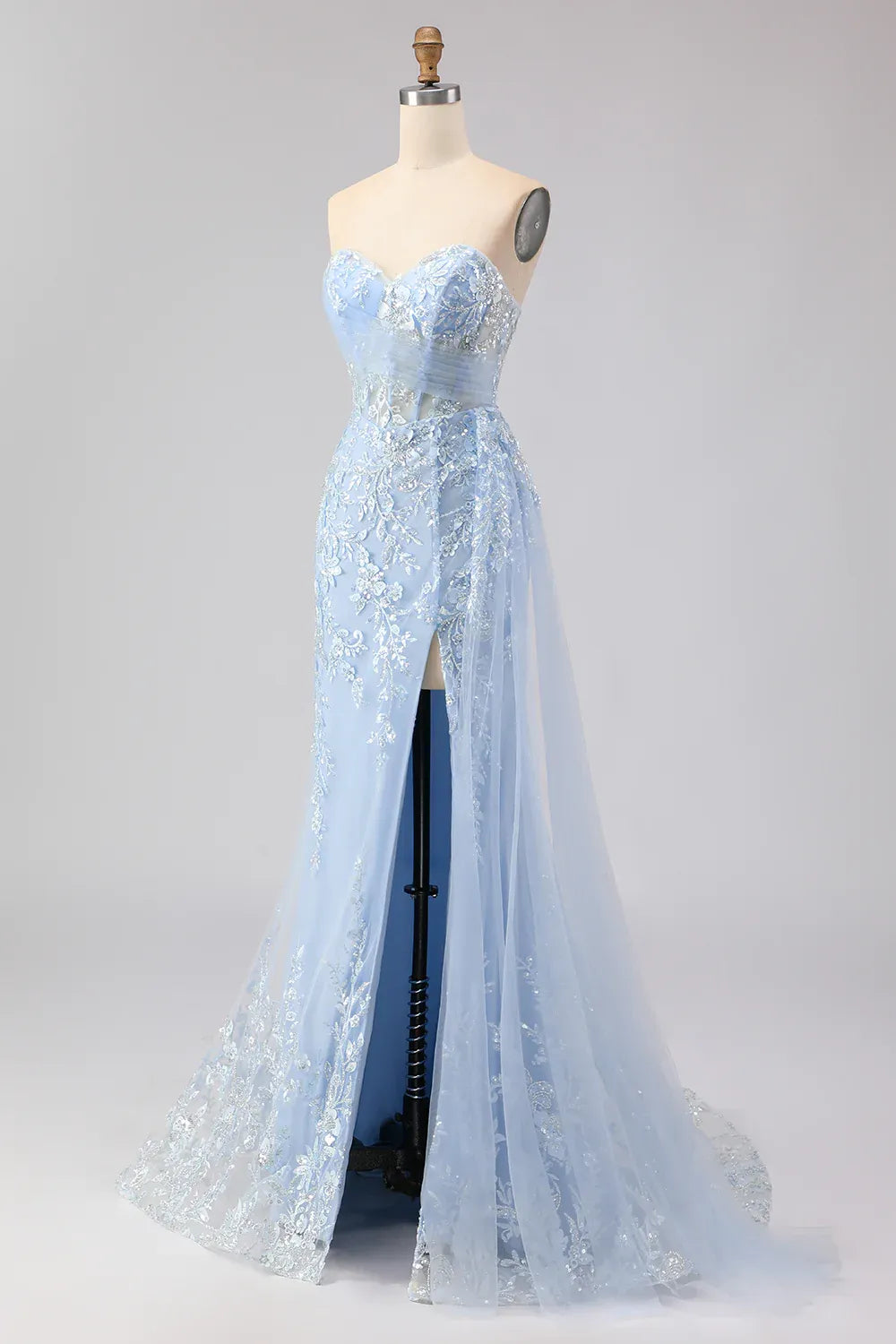 Mermaid Sweetheart Corset Beaded Sequin Sky Blue Long Prom Dress With Slit