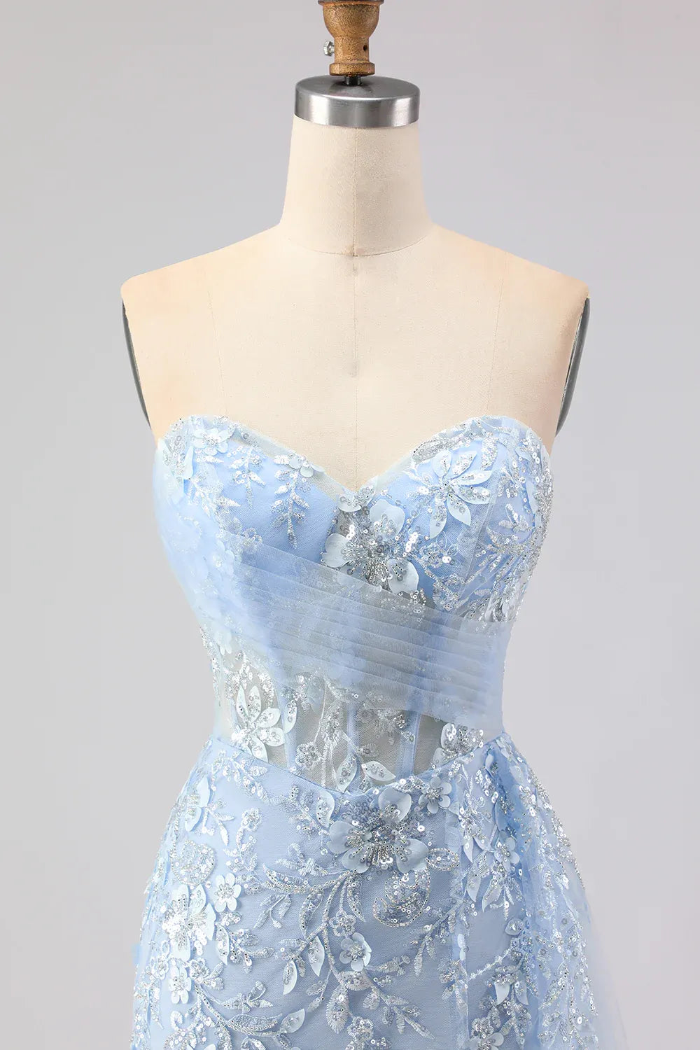 Mermaid Sweetheart Corset Beaded Sequin Sky Blue Long Prom Dress With Slit