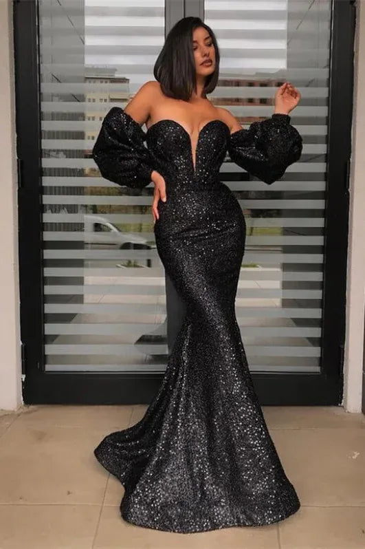 Mermaid Sweetheart Sequin Black Train Prom Dress With Detachable Sleeves