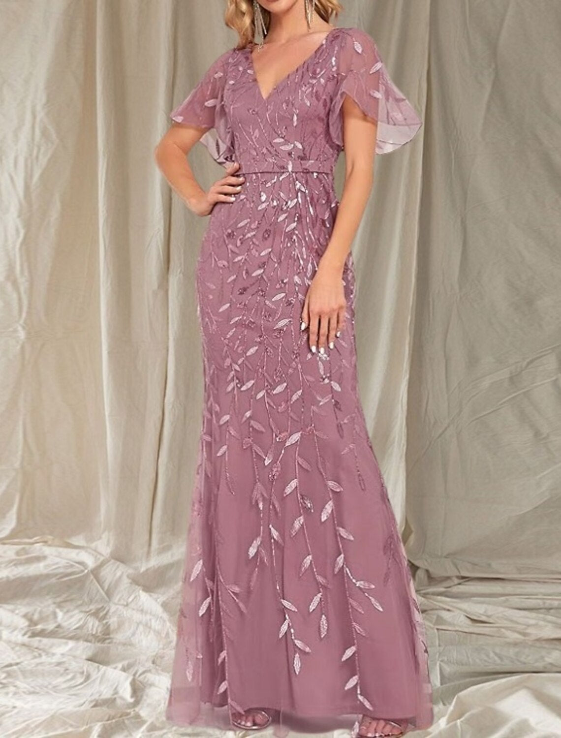 Mermaid / Trumpet Mother of the Bride Dress Wedding Guest Elegant Sparkle Shine V Neck Floor Length Satin Lace Short Sleeve with Lace Sash / Ribbon