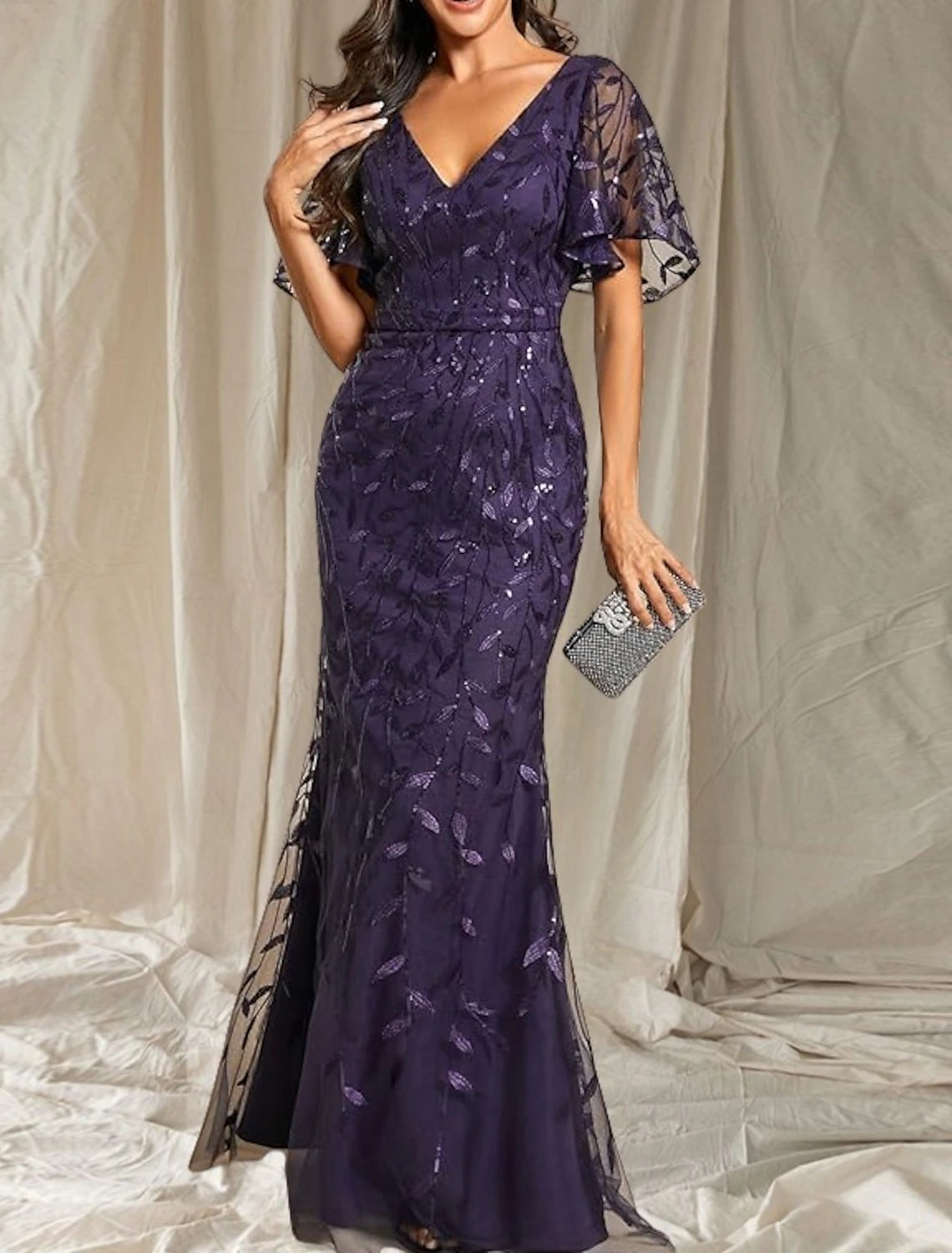 Mermaid / Trumpet Mother of the Bride Dress Wedding Guest Elegant Sparkle Shine V Neck Floor Length Satin Lace Short Sleeve with Lace Sash / Ribbon