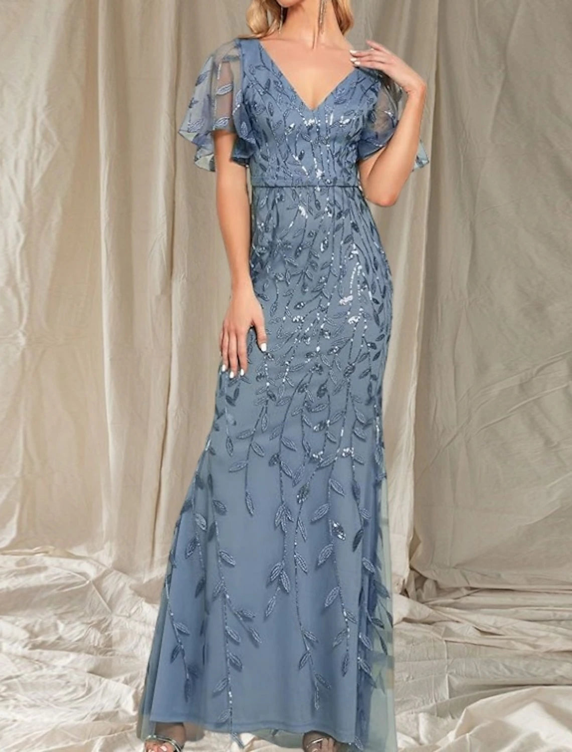 Mermaid / Trumpet Mother of the Bride Dress Wedding Guest Elegant Sparkle Shine V Neck Floor Length Satin Lace Short Sleeve with Lace Sash / Ribbon