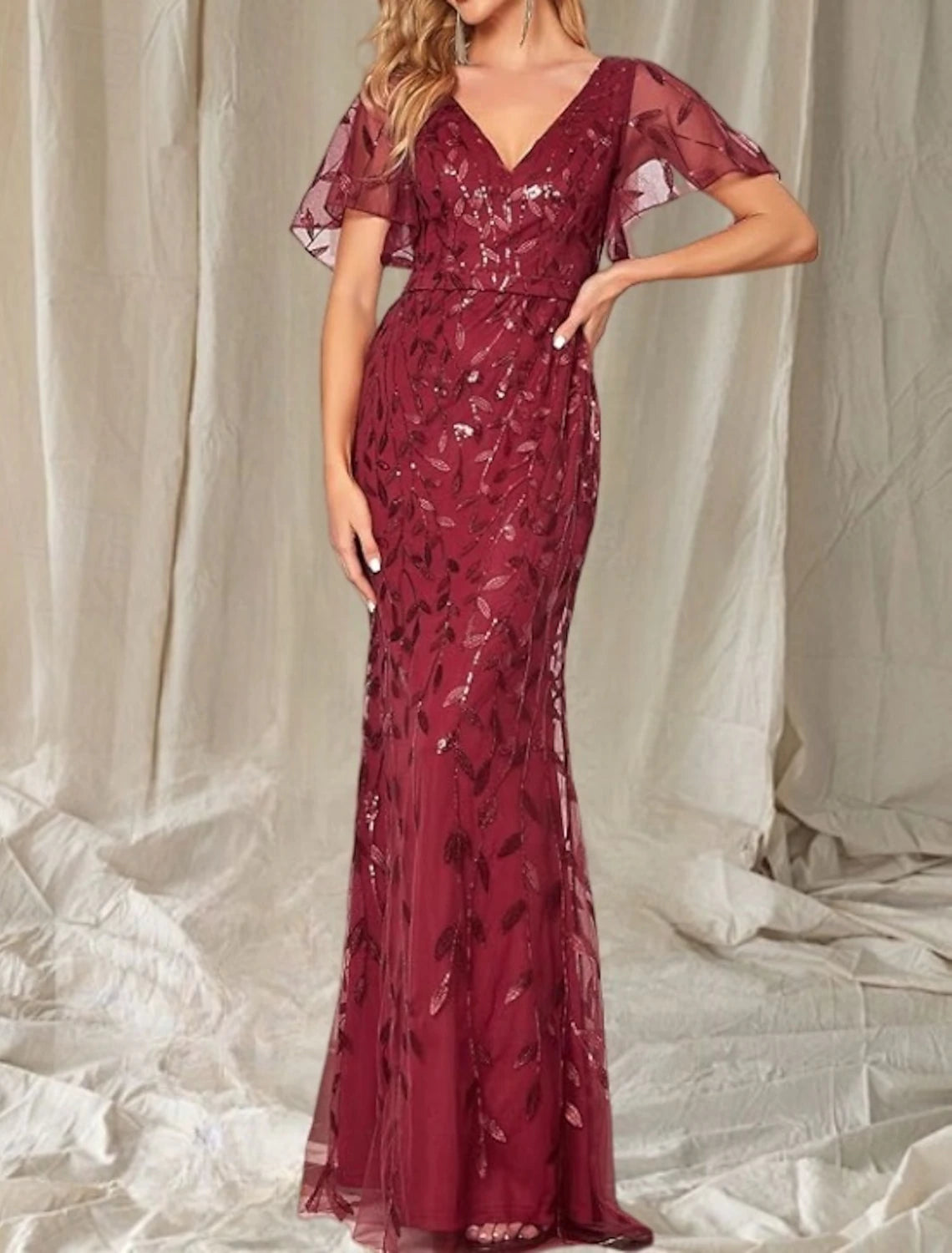 Mermaid / Trumpet Mother of the Bride Dress Wedding Guest Elegant Sparkle Shine V Neck Floor Length Satin Lace Short Sleeve with Lace Sash / Ribbon