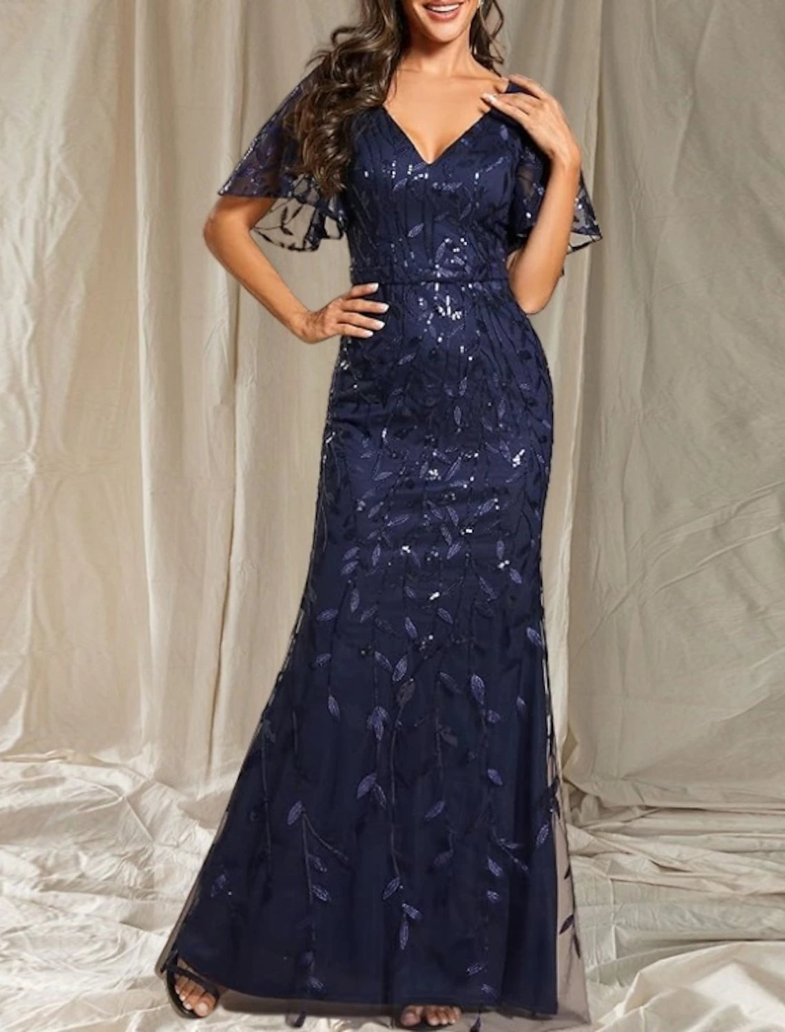 Mermaid / Trumpet Mother of the Bride Dress Wedding Guest Elegant Sparkle Shine V Neck Floor Length Satin Lace Short Sleeve with Lace Sash / Ribbon