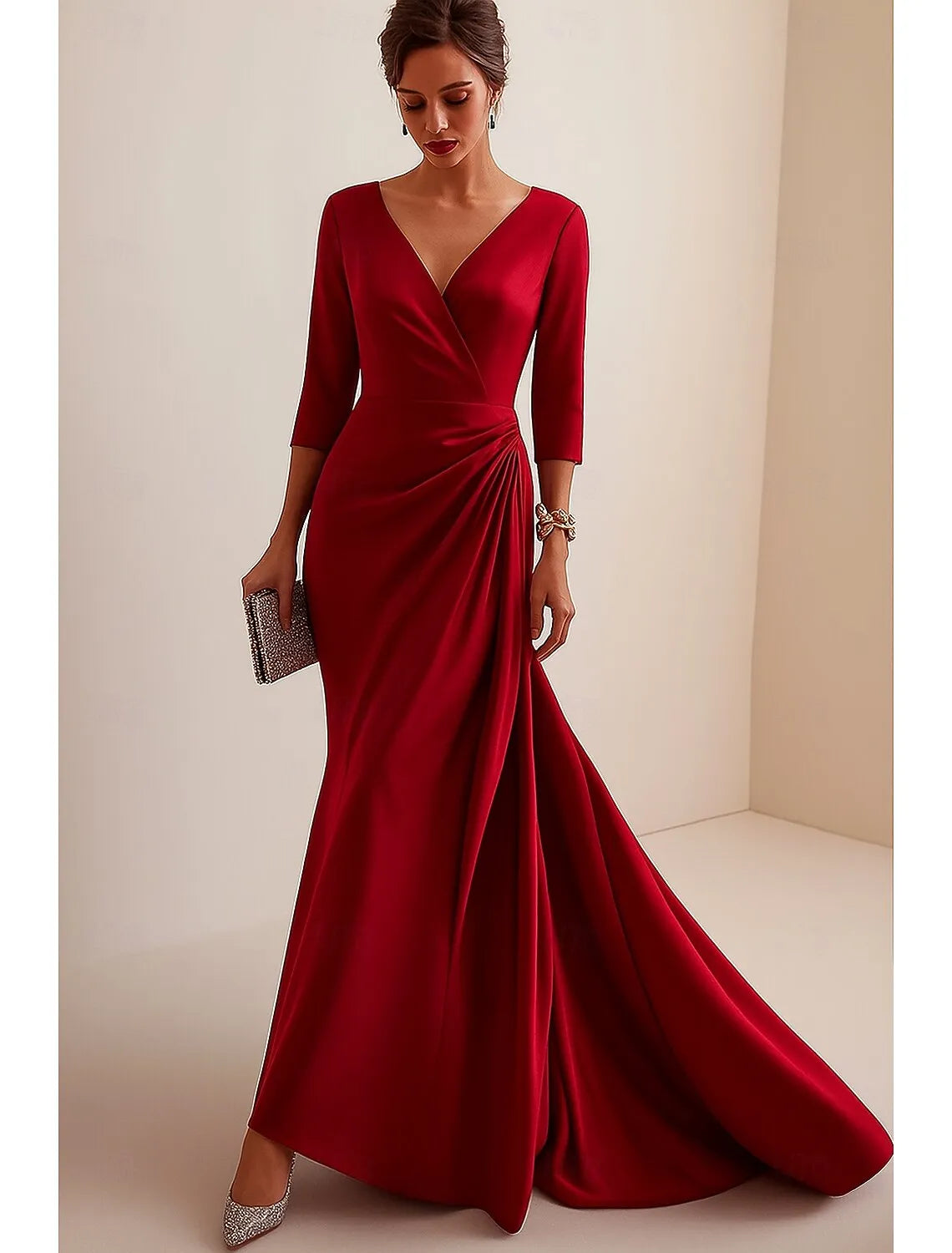 Mermaid V-Neck 3/4 Sleeve Ruched Satin Red Floor Length Prom Dress