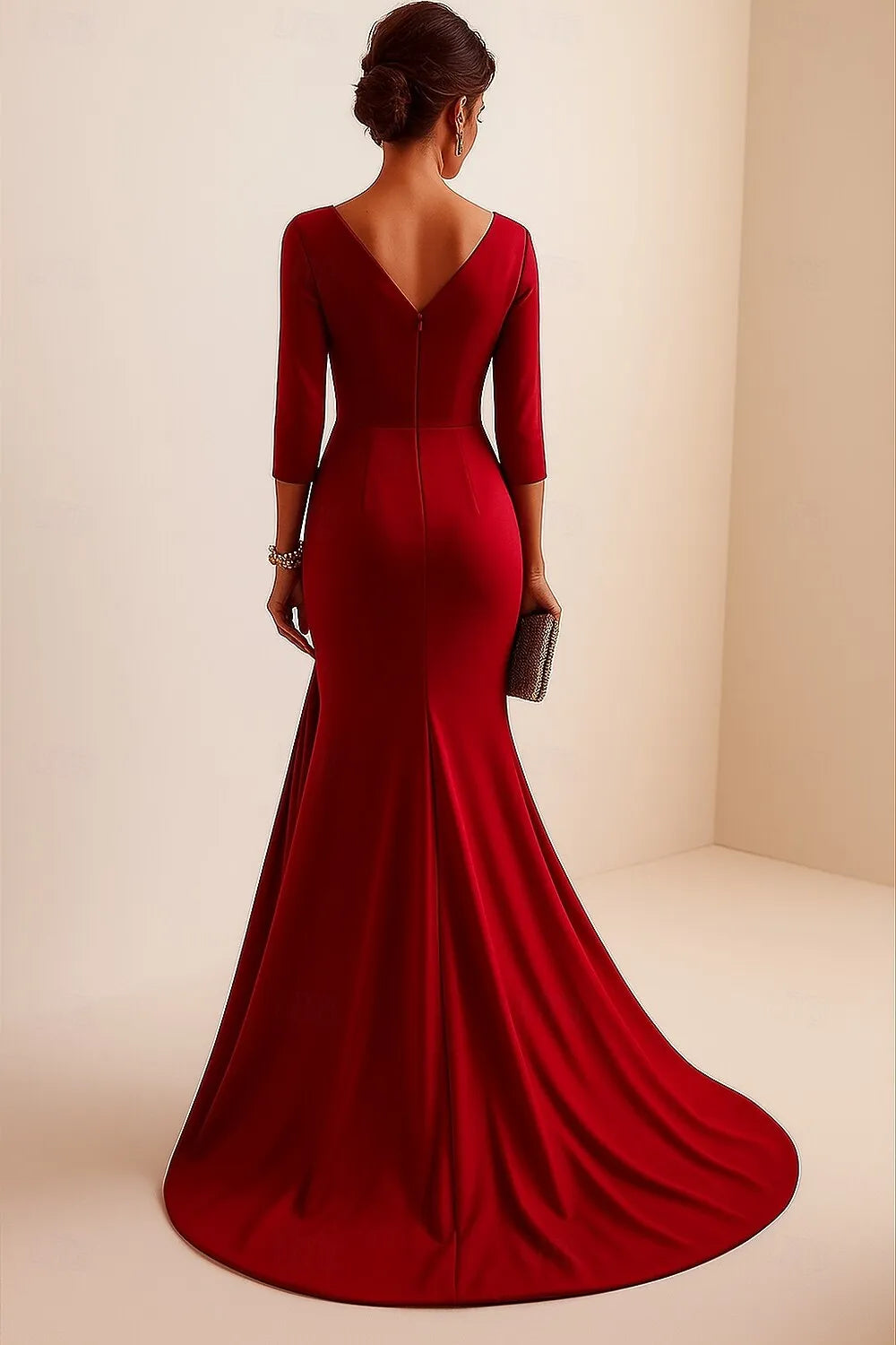 Mermaid V-Neck 3/4 Sleeve Ruched Satin Red Floor Length Prom Dress