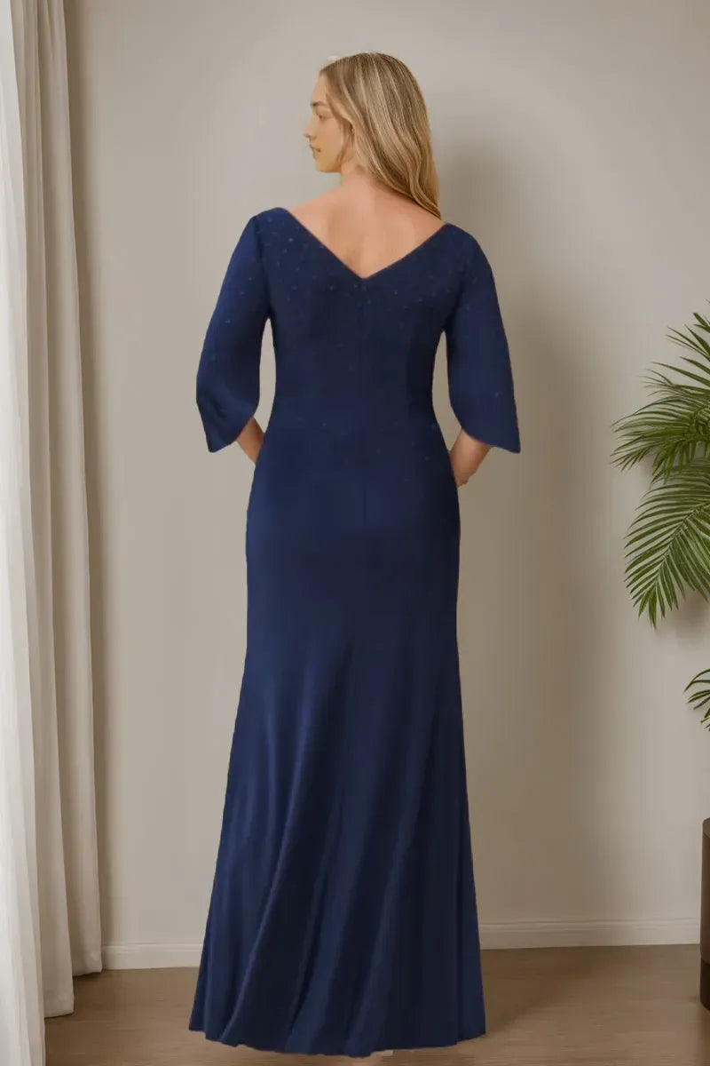 Mermaid V-Neck Half Sleeves Mother Of The Bride Groom Dresses with High Split Beading