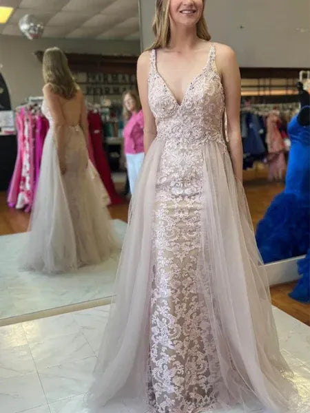 Mermaid V-Neck Lace Open Back Champagne Long Prom Dress With Cape