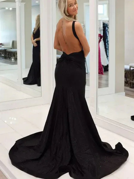 Mermaid V-Neck Open Back Slit Black Long Prom Dress With Sweep Train