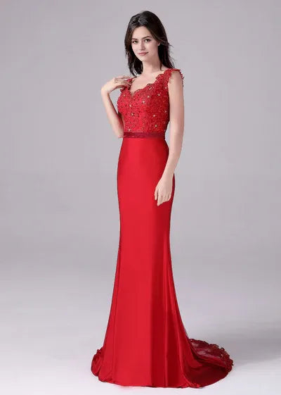 Mermaid V-neck Lace Floor Length Sleeveless Backless mother's dress